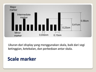Minor
marker
Intermediate
marker
Major
marker
0,23cm
0,41cm
0,032cm 0,13cm
0,56cm
Scale marker
Ukuran dari display yang menggunakan skala, baik dari segi
ketinggian, ketebalan, dan perbedaan antar skala.
 