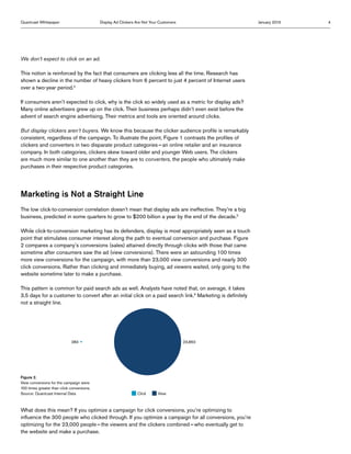 Quantcast Whitepaper                        Display Ad Clickers Are Not Your Customers                      January 2013   4




We don’t expect to click on an ad.

This notion is reinforced by the fact that consumers are clicking less all the time. Research has
shown a decline in the number of heavy clickers from 6 percent to just 4 percent of Internet users
over a two-year period.4

If consumers aren’t expected to click, why is the click so widely used as a metric for display ads?
Many online advertisers grew up on the click. Their business perhaps didn’t even exist before the
advent of search engine advertising. Their metrics and tools are oriented around clicks.

But display clickers aren’t buyers. We know this because the clicker audience profile is remarkably
consistent, regardless of the campaign. To illustrate the point, Figure 1 contrasts the profiles of
clickers and converters in two disparate product categories — an online retailer and an insurance
company. In both categories, clickers skew toward older and younger Web users. The clickers
are much more similar to one another than they are to converters, the people who ultimately make
purchases in their respective product categories.




Marketing is Not a Straight Line
The low click-to-conversion correlation doesn’t mean that display ads are ineffective. They’re a big
business, predicted in some quarters to grow to $200 billion a year by the end of the decade.5

While click-to-conversion marketing has its defenders, display is most appropriately seen as a touch
point that stimulates consumer interest along the path to eventual conversion and purchase. Figure
2 compares a company’s conversions (sales) attained directly through clicks with those that came
sometime after consumers saw the ad (view conversions). There were an astounding 100 times
more view conversions for the campaign, with more than 23,000 view conversions and nearly 300
click conversions. Rather than clicking and immediately buying, ad viewers waited, only going to the
website sometime later to make a purchase.

This pattern is common for paid search ads as well. Analysts have noted that, on average, it takes
3.5 days for a customer to convert after an initial click on a paid search link.6 Marketing is definitely
not a straight line.




                             283                                                         23,850




Figure 2.
View conversions for the campaign were
100 times greater than click conversions.
Source: Quantcast Internal Data                                 Click       View



What does this mean? If you optimize a campaign for click conversions, you’re optimizing to
influence the 300 people who clicked through. If you optimize a campaign for all conversions, you’re
optimizing for the 23,000 people — the viewers and the clickers combined — who eventually get to
the website and make a purchase.
 