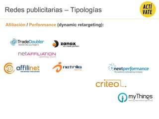 Redes publicitarias – Tipologías
Afiliación / Performance (dynamic retargeting):
 