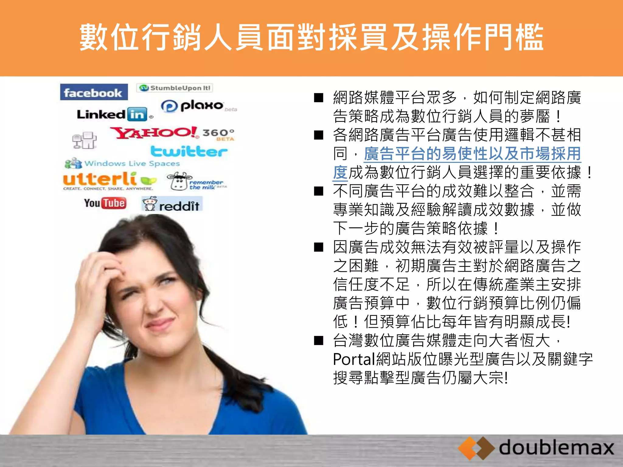 數位行銷人員面對採買及操作門檻 
 網路媒體平台眾多，如何制定網路廣 
告策略成為數位行銷人員的夢靨！ 
 各網路廣告平台廣告使用邏輯不甚相 
同，廣告平台的易使性以及市場採用 
度成為數位行銷人員選擇的重要依據！ 
 不同廣告平台的成效難以整合，並需 
專業知識及經驗解讀成效數據，並做 
下一步的廣告策略依據！ 
 因廣告成效無法有效被評量以及操作 
之困難，初期廣告主對於網路廣告之 
信任度不足，所以在傳統產業主安排 
廣告預算中，數位行銷預算比例仍偏 
低！但預算佔比每年皆有明顯成長! 
 台灣數位廣告媒體走向大者恆大， 
Portal網站版位曝光型廣告以及關鍵字 
搜尋點擊型廣告仍屬大宗! 
 