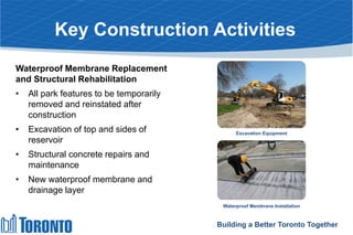 Key Construction Activities
Building a Better Toronto Together
Waterproof Membrane Replacement
and Structural Rehabilitation
• All park features to be temporarily
removed and reinstated after
construction
• Excavation of top and sides of
reservoir
• Structural concrete repairs and
maintenance
• New waterproof membrane and
drainage layer
Excavation Equipment
Waterproof Membrane Installation
 