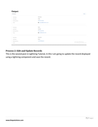 7 | P a g e
www.bispsolutions.com
Output:
Process 2: Edit and Update Records
This is the second post in Lightning Tutorial, In this I am going to update the record displayed
using a lightning component and save the record.
 