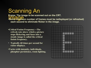 Scanning An
Image
Frame: The image to be scanned out on the CRT.
•Some minimum number of frames must be redisplayed (or refreshed)
each second to eliminate flicker in the image.
•Critical Fusion Frequency --The
refresh rate above which a picture
stops flickering and fuses into a
steady image is called the critical
fusion frequency.
• Typically 60 times per second for
raster displays.
•Varies with intensity, individuals,
phosphor persistence, room lighting.
 
