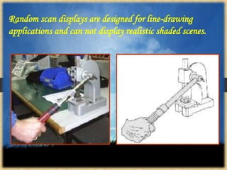 Random scan displays are designed for line-drawing
applications and can not display realistic shaded scenes.
 