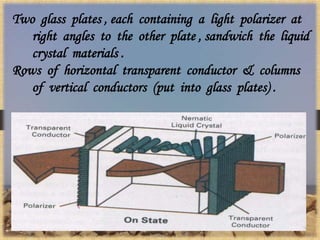 Two glass plates , each containing a light polarizer at
right angles to the other plate , sandwich the liquid
crystal materials .
Rows of horizontal transparent conductor & columns
of vertical conductors (put into glass plates) .
 