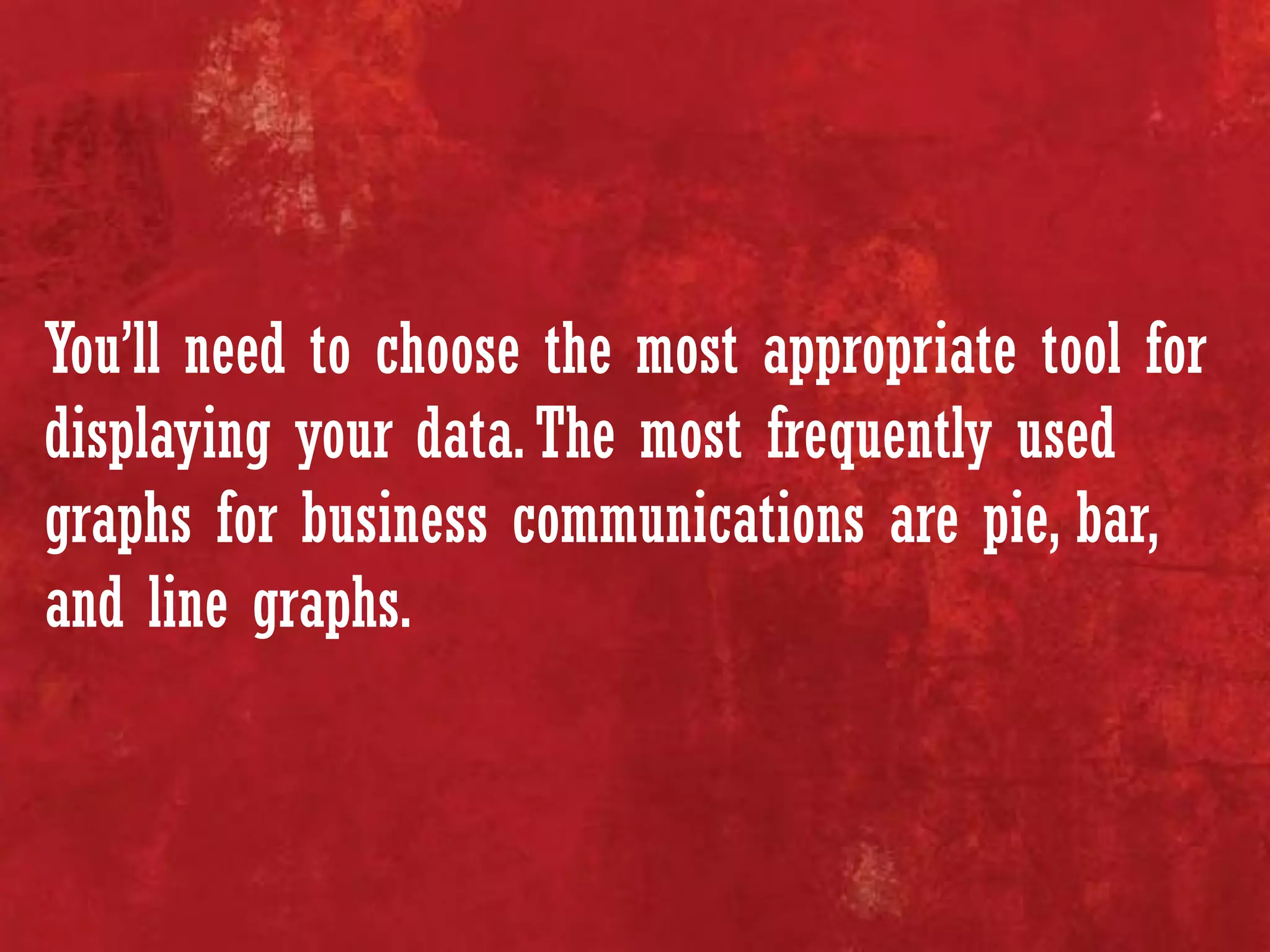 You’ll need to choose the most appropriate tool for
displaying your data.The most frequently used
graphs for business communications are pie, bar,
and line graphs.
 