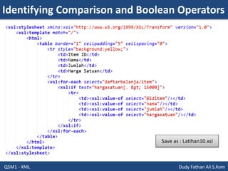 Identifying Comparison and Boolean Operators
Q5M1 - XML Dudy Fathan Ali S.Kom
Save as : Latihan10.xsl
 