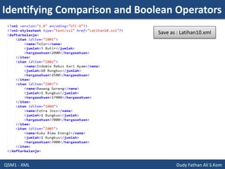 Identifying Comparison and Boolean Operators
Q5M1 - XML Dudy Fathan Ali S.Kom
Save as : Latihan10.xml
 