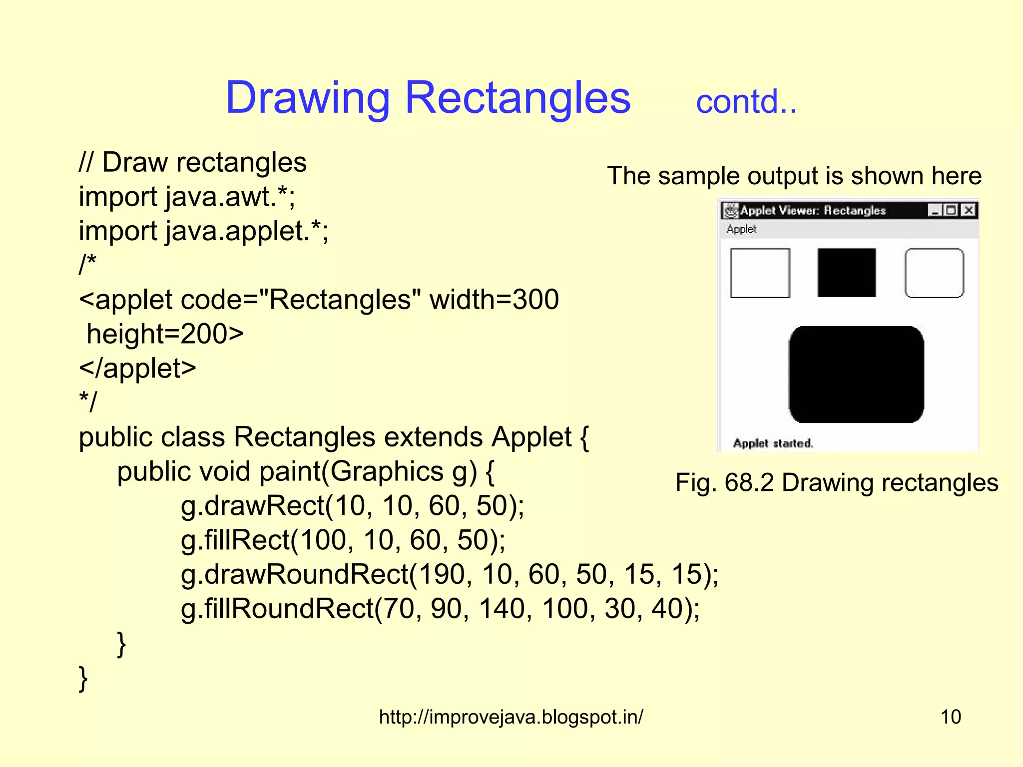 Drawing Rectangles                            contd..
// Draw rectangles                         The sample output is shown here
import java.awt.*;
import java.applet.*;
/*
<applet code="Rectangles" width=300
 height=200>
</applet>
*/
public class Rectangles extends Applet {
    public void paint(Graphics g) {             Fig. 68.2 Drawing rectangles
         g.drawRect(10, 10, 60, 50);
         g.fillRect(100, 10, 60, 50);
         g.drawRoundRect(190, 10, 60, 50, 15, 15);
         g.fillRoundRect(70, 90, 140, 100, 30, 40);
    }
}
                        http://improvejava.blogspot.in/                10
 