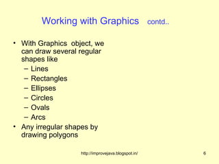 Working with Graphics                        contd..

• With Graphics object, we
  can draw several regular
  shapes like
   – Lines
   – Rectangles
   – Ellipses
   – Circles
   – Ovals
   – Arcs
• Any irregular shapes by
  drawing polygons

                   http://improvejava.blogspot.in/             6
 