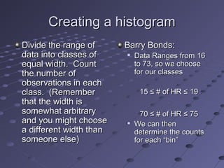 Creating a histogram
Divide the range of      Barry Bonds:
data into classes of        Data Ranges from 16
equal width. Count           to 73, so we choose
the number of                for our classes
observations in each
class. (Remember              15 ≤ # of HR ≤ 19
                                      .
that the width is                     .
                                      .

somewhat arbitrary             70 ≤ # of HR ≤ 75
and you might choose        We can then
a different width than       determine the counts
someone else)                for each “bin”
 