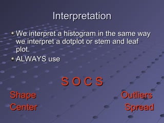 Interpretation
 We interpret a histogram in the same way
 we interpret a dotplot or stem and leaf
 plot.
 ALWAYS use


              SOCS
Shape                           Outliers
Center                           Spread
 
