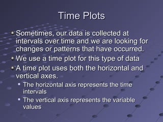 Time Plots
Sometimes, our data is collected at
intervals over time and we are looking for
changes or patterns that have occurred.
We use a time plot for this type of data
A time plot uses both the horizontal and
vertical axes.
   The horizontal axis represents the time
    intervals

    The vertical axis represents the variable
    values
 