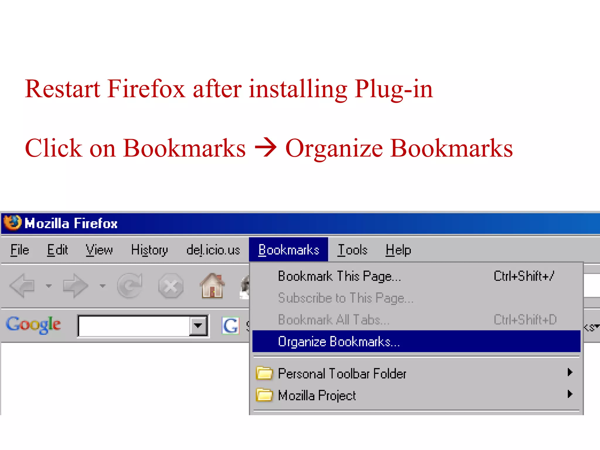 Restart Firefox after installing Plug-in Click on Bookmarks Organize Bookmarks