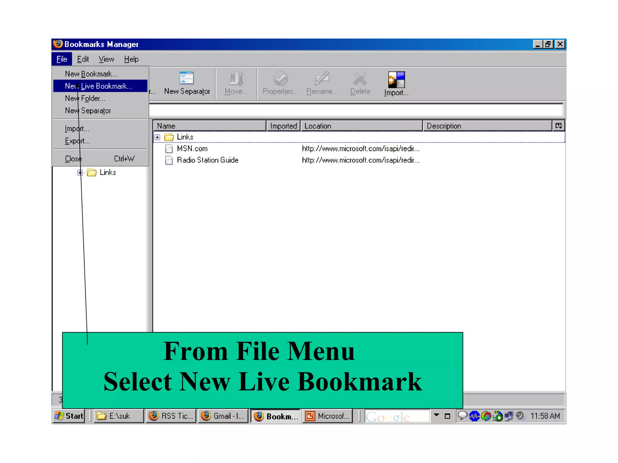 From File Menu Select New Live Bookmark