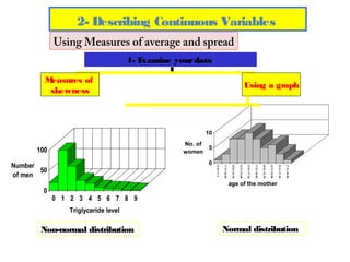 2- Describing Continuous Variables
Using Measures of average and spread
1- E
xamine your data
M
easures of
skewness

Using...