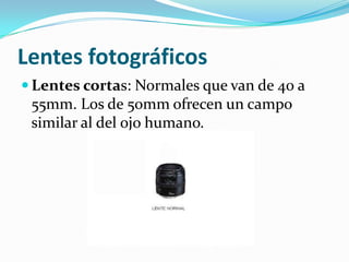 Lentes fotográficos
Lentes cortas: Normales que van de 40 a
55mm. Los de 50mm ofrecen un campo
similar al del ojo humano.