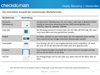 Display Marketing | Werbemittel 
Hier eine kleine Auswahl der existierenden Werbeformate: 
Werbeformate Beschreibung 
Klassische 
Werbebanner 
Die klassischen Werbebanner, die man neben, über oder in Websites findet. 
Häufig als Interactive Advertising Bureau (IAB) Standardgrößen (z.B. 
300x250, 180x150, 160x600, 728x90). 
Layer Ads Die Werbung erscheint in einem Layer, der sich über die Seite legt. Der Layer 
muss meist aktiv vom User geschlossen werden. 
PreRoll Ein Video, welches vor dem Video läuft, das man eigentlich sehen möchte. 
Kann manchmal nach einigen Sekunden übersprungen werden. 
Expandable Eine Anzeige, die sich in die umgebende Seite hinein vergrößert, z.B. wenn 
der User sie mit der Maus berührt oder nach einer gewissen Zeit. 
Fireplace Eine Fireplace Anzeige umschließt den Content-Bereich komplett und legt 
sich so wie ein Kamin um die Seite. 
Peel Ad Die Anzeige klappt sich aus der Ecke raus, wenn man mit der Maus über sie 
fährt. 
Mehr Formate und die hier verwendeten Grafiken im Original gibt es unter http://www.interactivemedia.net/de/onlinewerbeformen/ 
14.10.2014 Torge Kahl | checkdomain 13 
 