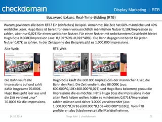 Buzzword Exkurs: Real-Time-Bidding (RTB) 
Warum gewinnen alle beim RTB? Ein (einfaches) Beispiel. Annahme: Die Zeit hat 60% männliche und 40% 
weibliche Leser. Hugo Boss ist bereit für einen voraussichtlich männlichen Nutzer 0,10€/Impression zu 
zahlen, aber nur 0,02€ für einen weiblichen Nutzer. Für einen Nutzer mit unbekanntem Geschlecht bietet 
Hugo Boss 0,068€/Impression (aus: 0,10€*60%+0,02€*40%). Die Bahn dagegen ist bereit für jeden 
Nutzer 0,07€ zu zahlen. In der Zeitspanne des Beispiels gibt es 1.000.000 Impressions. 
Alte Welt: RTB-Welt 
Die Bahn kauft alle 
Impressions auf und zahlt 
dafür insgesamt 70.000€. 
Hugo Boss geht leer aus und 
die Zeit verdient „nur“ 
70.000€ für die Impressions. 
Display Marketing | RTB 
Hugo Boss kauft die 600.000 Impressions der männlichen User, die 
Bahn den Rest. Die Zeit verdient also 88.000€ (aus: 
600.000*0,10€+400.000*0,07€) und Hugo Boss bekommt genau die 
Impressions die es möchte. Hätte Hugo Boss die Impressions in der 
alten Welt haben wollen, hätte es mindestens 0,071€/Impression 
zahlen müssen und daher 3.000€ verschwendet (aus: 
1.000.000*0,071€-(600.000*0,10€+400.000*0,02€)). Vom RTB 
profitieren also (idealerweise) alle Marktteilnehmer. 
14.10.2014 Torge Kahl | checkdomain 25 
 