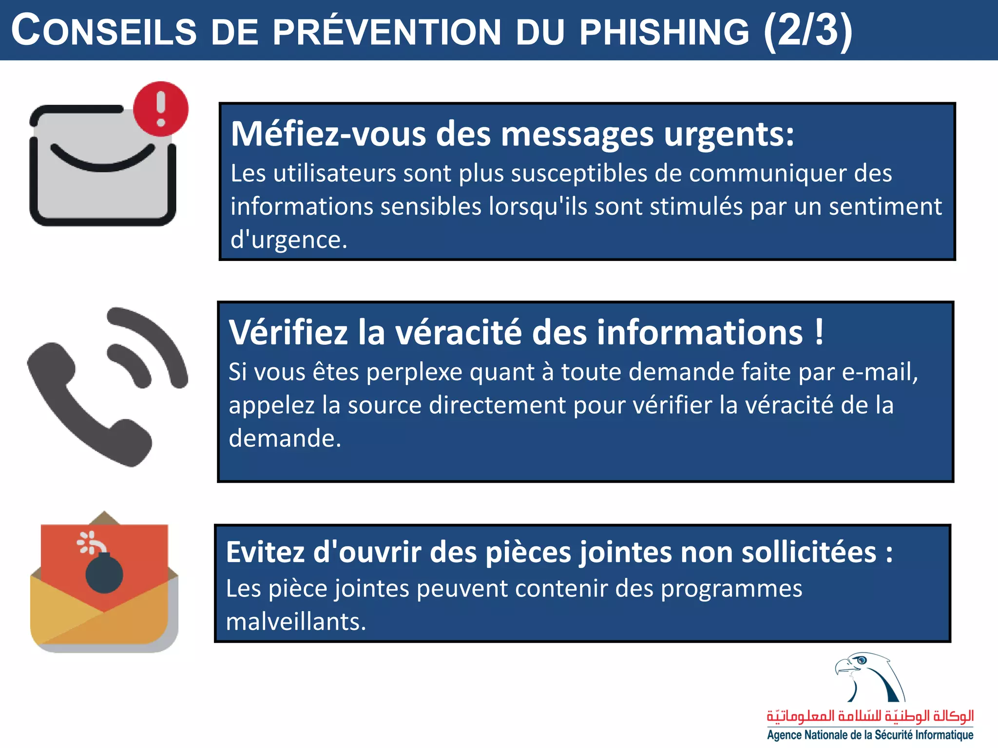 Méfiez-vous des messages urgents:
Les utilisateurs sont plus susceptibles de communiquer des
informations sensibles lorsqu'ils sont stimulés par un sentiment
d'urgence.
Vérifiez la véracité des informations !
Si vous êtes perplexe quant à toute demande faite par e-mail,
appelez la source directement pour vérifier la véracité de la
demande.
CONSEILS DE PRÉVENTION DU PHISHING (2/3)
Evitez d'ouvrir des pièces jointes non sollicitées :
Les pièce jointes peuvent contenir des programmes
malveillants.
 