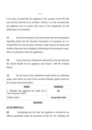 : 8 :
it has been revealed that the applicant is the member of the CPI (M)
and actively involved in its activities. Further, it is also revealed that
the applicant was in contact with some of the conspirators for the
furtherance of its activities.
17. It has been claimed by the prosecution that the investigation
regarding funds and the financial transaction is in progress as it is
revealed that the accused have received a large amount of money and
number of persons were indulged in disbursing and receiving the same.
Thus, it is prayed to reject the application.
18. I have heard the submissions advanced by learned advocate
Mr. Sharif Shaikh for the applicant and learned SPP Mr. Prakash
Shetty.
19. On the basis of the submissions made before me following
points arise before me and I have recorded findings against them for
the reasons stated hereinafter;
POINT FINDINGS
1. Whether the applicant has made out a
case for grant of bail?
No
2.What order? As per final order
REASONS
AS TO POINT No.1:
20. Considering the fact that the applicant is involved in an
offence punishable under the provision of UAP Act, for deciding the
 
