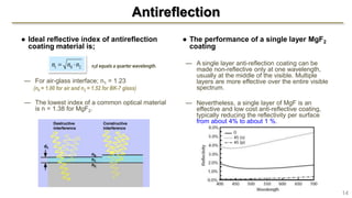 Antireflection
● Ideal reflective index of antireflection
coating material is;
— For air-glass interface; n1 = 1.23
(n0 = 1.00 for air and n2 = 1.52 for BK-7 glass)
— The lowest index of a common optical material
is n = 1.38 for MgF2.
● The performance of a single layer MgF2
coating
— A single layer anti-reflection coating can be
made non-reflective only at one wavelength,
usually at the middle of the visible. Multiple
layers are more effective over the entire visible
spectrum.
— Nevertheless, a single layer of MgF is an
effective and low cost anti-reflective coating,
typically reducing the reflectivity per surface
from about 4% to about 1 %.
201 nnn  nid equals a quarter wavelength.
Destructive
interference
Constructive
interference
n0
n1
n2
d1
14
 