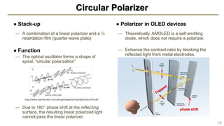 Circular Polarizer
● Stack-up
— A combination of a linear polarizer and a ¼
retardation film (quarter-wave plate)
● Function
— The optical oscillator forms a shape of
spiral, "circular polarization”
— Due to 180 phase shift at the reflecting
surface, the resulting linear polarized light
cannot pass the linear polarizer.
● Polarizer in OLED devices
— Theoretically, AMOLED is a self-emitting
diode, which does not require a polarizer.
— Enhance the contrast ratio by blocking the
reflected light from metal electrodes.
16
phase shift
http://www.cabrillo.edu/~jmccullough/Applets/Flash/Optics/CircPol.swf
 