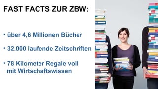 FAST FACTS ZUR ZBW: über 4,6 Millionen Bücher 32.000 laufende Zeitschriften 78 Kilometer Regale voll  mit Wirtschaftswissen 