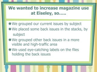 We wanted to increase magazine use at Eiseley, so…..We grouped our current issues by subject