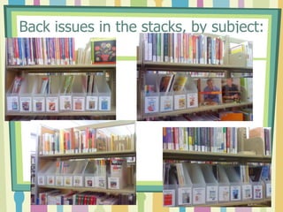 We used eye-catching labels on the files holding the back issuesEiseley’s current magazines, by subject :