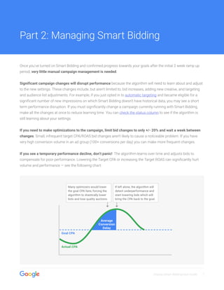 Display Smart Bidding User Guide 7
Once you’ve turned on Smart Bidding and confirmed progress towards your goals after the initial 2 week ramp up
period, very little manual campaign management is needed.
Significant campaign changes will disrupt performance because the algorithm will need to learn about and adjust
to the new settings. These changes include, but aren’t limited to, bid increases, adding new creative, and targeting
and audience list adjustments. For example, if you just opted in to automatic targeting and became eligible for a
significant number of new impressions on which Smart Bidding doesn’t have historical data, you may see a short
term performance disruption. If you must significantly change a campaign currently running with Smart Bidding,
make all the changes at once to reduce learning time. You can check the status column to see if the algorithm is
still learning about your settings.
If you need to make optimizations to the campaign, limit bid changes to only +/- 20% and wait a week between
changes. Small, infrequent target CPA/ROAS bid changes aren’t likely to cause a noticeable problem. If you have
very high conversion volume in an ad group (100+ conversions per day) you can make more frequent changes.
If you see a temporary performance decline, don’t panic! The algorithm learns over time and adjusts bids to
compensate for poor performance. Lowering the Target CPA or increasing the Target ROAS can significantly hurt
volume and performance — see the following chart:
Part 2: Managing Smart Bidding
Goal CPA
Actual CPA
Many optimizers would lower
the goal CPA here, forcing the
algorithm to drastically lower
bids and lose quality auctions.
Average
Conversion
Delay
If left alone, the algorithm will
detect underperformance and
start lowering bids which will
bring the CPA back to the goal.
 