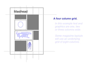 Masthead

           A four column grid.
            In this example text and
            graphics are one, two
            or three columns wide.

            Some magazine layouts
            will use an underlying
            grid of eight columns.
 