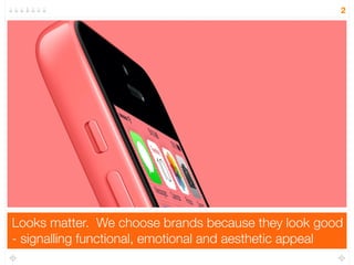 Looks matter. We choose brands because they look good
- signalling functional, emotional and aesthetic appeal
2
 