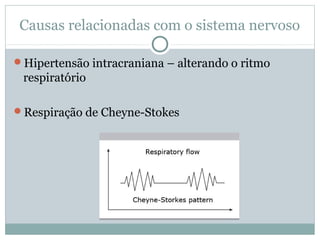 Causas relacionadas com o sistema nervoso
Hipertensão intracraniana – alterando o ritmo
respiratório
Respiração de Cheyne-Stokes
 