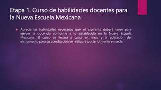 Etapa 1. Curso de habilidades docentes para
la Nueva Escuela Mexicana.
 Aprecia las habilidades necesarias que el aspirante deberá tener para
ejercer la docencia conforme a lo establecido en la Nueva Escuela
Mexicana. El curso se llevará a cabo en línea, y la aplicación del
instrumento para su acreditación se realizará posteriormente en sede.
 