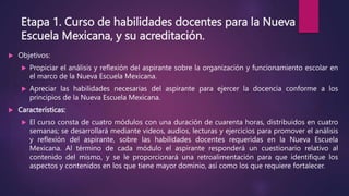 Etapa 1. Curso de habilidades docentes para la Nueva
Escuela Mexicana, y su acreditación.
 Objetivos:
 Propiciar el análisis y reflexión del aspirante sobre la organización y funcionamiento escolar en
el marco de la Nueva Escuela Mexicana.
 Apreciar las habilidades necesarias del aspirante para ejercer la docencia conforme a los
principios de la Nueva Escuela Mexicana.
 Características:
 El curso consta de cuatro módulos con una duración de cuarenta horas, distribuidos en cuatro
semanas; se desarrollará mediante videos, audios, lecturas y ejercicios para promover el análisis
y reflexión del aspirante, sobre las habilidades docentes requeridas en la Nueva Escuela
Mexicana. Al término de cada módulo el aspirante responderá un cuestionario relativo al
contenido del mismo, y se le proporcionará una retroalimentación para que identifique los
aspectos y contenidos en los que tiene mayor dominio, así como los que requiere fortalecer.
 