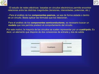 - El estudio de redes eléctricas basadas en circuitos electrónicos permite encontrar
relaciones entre las distintas magnitudes (tensiones, intensidades, potencias, etc.)
- Para el análisis de los componentes pasivos, ya sea de forma aislada o dentro
de un circuito. Basta aplicar las fórmulas que los relacionan.
-Para el análisis de los componentes semiconductores, es necesario buscar un
-modelo que nos permita predecir el comportamiento del circuito.
Por este motivo, la mayoría de los circuitos se suelen representar por un cuadripolo. Es
decir, un elemento que dispone de dos conexiones de entrada y dos de salida
 