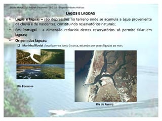 Escola Básica 2,3/S Michel Giacometti GEO 10 - Disponibilidades Hídricas

                                   LAGOS E LAGOAS
•    Lagos e lagoas – são depressões no terreno onde se acumula a água proveniente
     da chuva e de nascentes, constituindo reservatórios naturais;
•    Em Portugal – a dimensão reduzida destes reservatórios só permite falar em
     lagoas;
•    Origem das lagoas:
        Marinho/fluvial : localizam-se junto à costa, estando por vezes ligadas ao mar;




       Ria Formosa




                                                                           Ria de Aveiro
 
