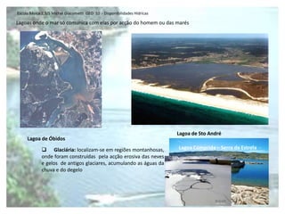 Escola Básica 2,3/S Michel Giacometti GEO 10 - Disponibilidades Hídricas

Lagoas onde o mar só comunica com elas por acção do homem ou das marés




                                                                           Lagoa de Sto André
     Lagoa de Óbidos

              Glaciária: localizam-se em regiões montanhosas,             Lagoa Comprida – Serra da Estrela
             onde foram construídas pela acção erosiva das neves
             e gelos de antigos glaciares, acumulando as águas da
             chuva e do degelo
 