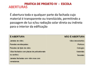 É abertura toda e qualquer parte da fachada cujo
material é transparente ou translúcido, permitindo a
passagem de luz e/ou radiação solar direta ou indireta
para o interior da edificação
ABERTURAS
PRATICA DE PROJETO IV - ESCOLA
 