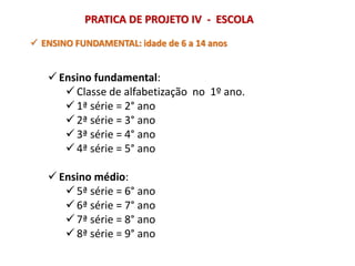  ENSINO FUNDAMENTAL: idade de 6 a 14 anos
 Ensino fundamental:
 Classe de alfabetização no 1º ano.
 1ª série = 2° ano
 2ª série = 3° ano
 3ª série = 4° ano
 4ª série = 5° ano
 Ensino médio:
 5ª série = 6° ano
 6ª série = 7° ano
 7ª série = 8° ano
 8ª série = 9° ano
PRATICA DE PROJETO IV - ESCOLA
 