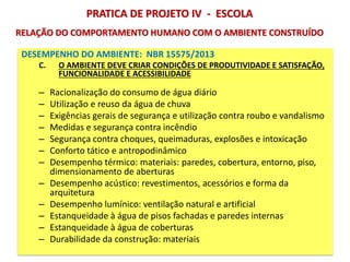 DESEMPENHO DO AMBIENTE: NBR 15575/2013
C. O AMBIENTE DEVE CRIAR CONDIÇÕES DE PRODUTIVIDADE E SATISFAÇÃO,
FUNCIONALIDADE E ACESSIBILIDADE
– Racionalização do consumo de água diário
– Utilização e reuso da água de chuva
– Exigências gerais de segurança e utilização contra roubo e vandalismo
– Medidas e segurança contra incêndio
– Segurança contra choques, queimaduras, explosões e intoxicação
– Conforto tático e antropodinâmico
– Desempenho térmico: materiais: paredes, cobertura, entorno, piso,
dimensionamento de aberturas
– Desempenho acústico: revestimentos, acessórios e forma da
arquitetura
– Desempenho lumínico: ventilação natural e artificial
– Estanqueidade à água de pisos fachadas e paredes internas
– Estanqueidade à água de coberturas
– Durabilidade da construção: materiais
PRATICA DE PROJETO IV - ESCOLA
RELAÇÃO DO COMPORTAMENTO HUMANO COM O AMBIENTE CONSTRUÍDO
 