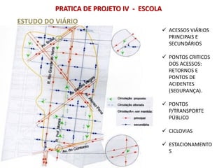 PRATICA DE PROJETO IV - ESCOLA
ESTUDO DO VIÁRIO
 ACESSOS VIÁRIOS
PRINCIPAIS E
SECUNDÁRIOS
 PONTOS CRITICOS
DOS ACESSOS:
RETORNOS E
PONTOS DE
ACIDENTES
(SEGURANÇA).
 PONTOS
P/TRANSPORTE
PÚBLICO
 CICLOVIAS
 ESTACIONAMENTO
S
 