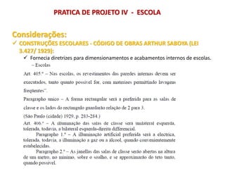 Considerações:
 CONSTRUÇÕES ESCOLARES - CÓDIGO DE OBRAS ARTHUR SABOYA (LEI
3.427/ 1929):
 Fornecia diretrizes para dimensionamentos e acabamentos internos de escolas.
PRATICA DE PROJETO IV - ESCOLA
 