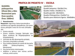 PRATICA DE PROJETO IV - ESCOLA
QUADRA:
poliesportiva
Oficial 20m x 40m
Reveresivel para
Duas quadras
Área: 1600m2
 Revestimentos
Requerem: segurança, baixa manutenção e
resistência aos agentes atmosféricos, tais como
chuva, poluição e raios UV. Os mais utilizados
são:
 Grama natural;
 Grama sintética (carpete fabricado com
fibras sintéticas de PP/polipropileno ou
PE/polietileno);
 Concreto de alto desempenho pintado;
 Concreto cimentado e pintado;
 Piso sintético flexível em manta de borracha
EPDM (Etileno,Propileno, Dieno,
Monómero);
 Piso de borracha intertravado;
 Asfáltico e pintura com resinas acrílico-
vinílicas, entre outros.
VARIÃÇÕES:
Quadra pequena: 10x18x5,5m;
Quadra média: 14x28x5,5 m;
Quadra grande: 18x33x6m;
Quadra Poliesportiva: 21x42x7 m;
Quadra para Atletismo ligeiro: 30x60x8m;
 
