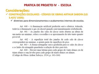 Considerações:
 CONSTRUÇÕES ESCOLARES - CÓDIGO DE OBRAS ARTHUR SABOYA (LEI
3.427/ 1929):
 diretrizes para dimensionamentos e acabamentos internos de escolas.
PRATICA DE PROJETO IV - ESCOLA
 
