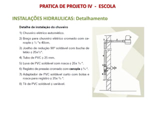 PRATICA DE PROJETO IV - ESCOLA
INSTALAÇÕES HIDRAULICAS: Detalhamento
 