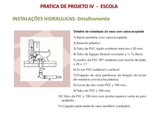 PRATICA DE PROJETO IV - ESCOLA
INSTALAÇÕES HIDRAULICAS: Detalhamento
 