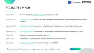 при поддержке
Август 2020 Онлайн-продажи Dick's Sporting Goods выросли на 194%
Октябрь 2020 Dick's Sporting Goods наняла 9000 работников в сезон праздников в ожидании увеличения онлайн-
заказов
Декабрь 2020 Дубайский ритейлер спортивных товаров выкупает Королевский спортивный дом Сингапура
Февраль 2021 Спортивные товары стали одним из наиболее быстрорастущих сегментов онлайн в 2020 году
Май 2021 Как растет японский спортивный бренд Asics
Июнь 2021 Аналитики Nike прогнозируют высокий рост продаж после локдауна
Июль 2021 Тайваньский экспорт электровелосипедов вырос на 44%
Новости в мире
Подписаться
Больше новостей в нашем еженедельном мониторинге eCommerce
при поддержке
при поддержке
при поддержке
при поддержке
 