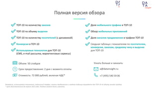 при поддержке
при поддержке
Объем: 50 слайдов
Срок предоставления: 2 дня с момента оплаты
Стоимость: 72 000 рублей, включая НДС*
Узнать больше и заказать:
a@datainsight.ru
+7 (495) 540 59 06
Полная версия обзора
ТОП-10 по количеству заказов
ТОП-10 по объему выручки
ТОП-10 по количеству посетителей (с динамикой)
Конверсия в ТОП-10
Используемые технологии для ТОП-10
(CMS, e-mail рассылка, маркетинговые сервисы)
Доля мобильного трафика в ТОП-10
Обзор мобильных приложений
Доля каналов продвижения в трафике ТОП-10
Сводная таблица с показателям по посетителям,
конверсии, заказам, среднему чеку и выручке
для ТОП-10
Конверсия, используемые технологии, мобильный трафик, каналы продвижения и сводная таблица приводятся для ТОП-10 по объему онлайн-продаж.
* Цена действительна до апреля 2022 года. Позднее может быть изменена.
 